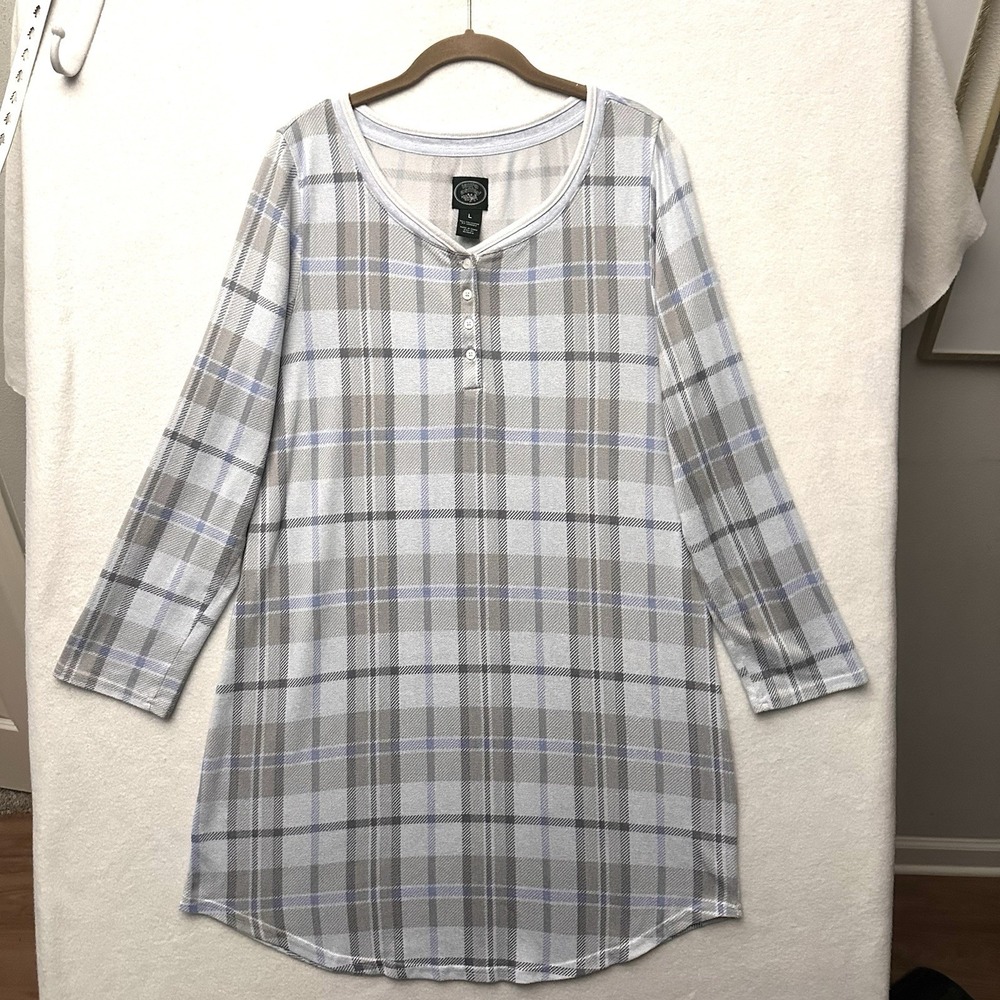 Laura Ashley‎ L Large Blue Plaid Sleep Shirt Dress Nightgown Pajamas Comfort
